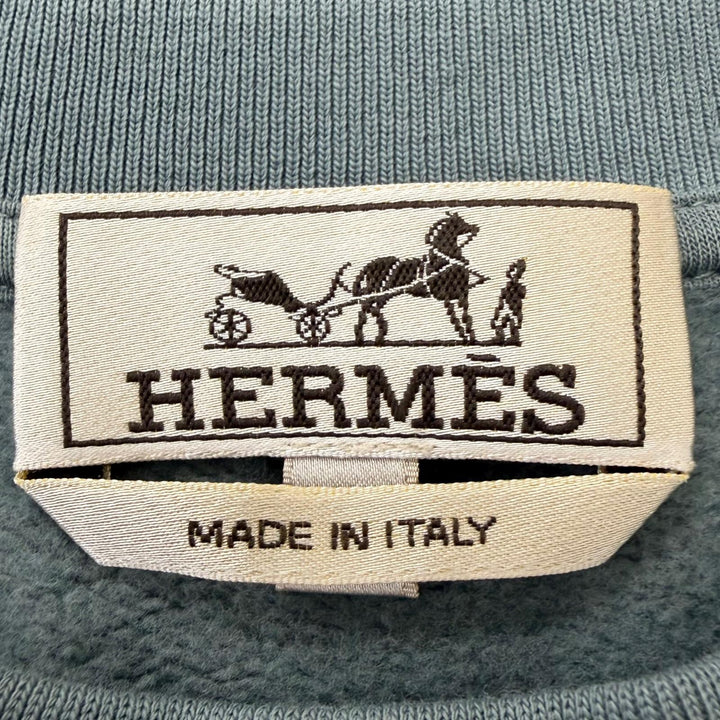 美品□HERMES エルメス H Puzzle ラムレザーパッチ コットン100％ クルーネック スウェットシャツ トレーナー グリーン系 M イタリア製