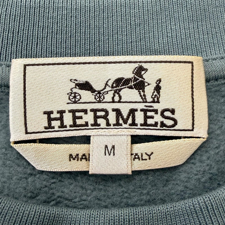 美品□HERMES エルメス H Puzzle ラムレザーパッチ コットン100％ クルーネック スウェットシャツ トレーナー グリーン系 M イタリア製