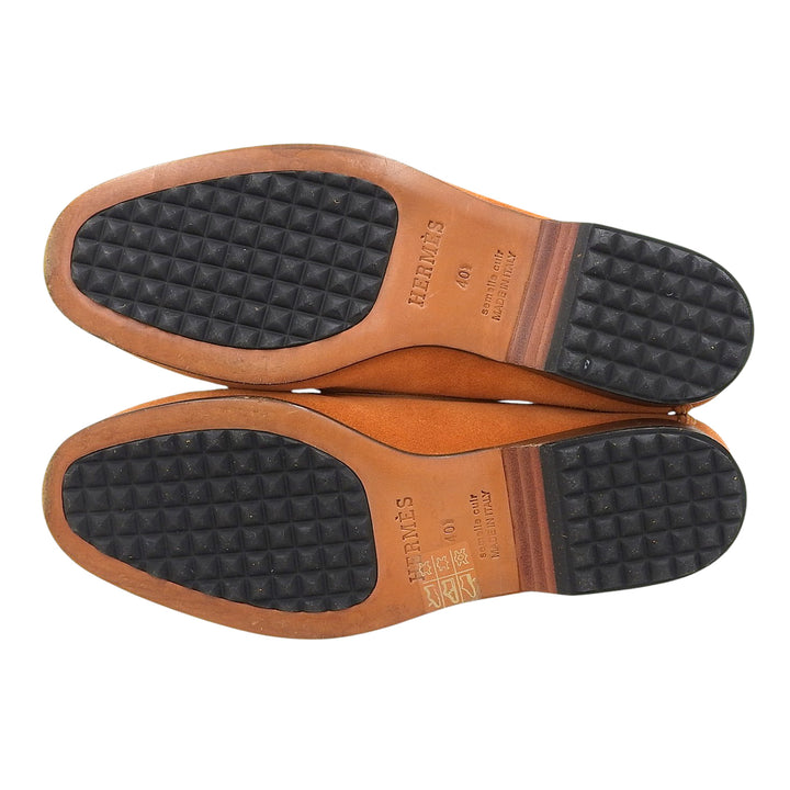 美品▲HERMES エルメス スウェードレザー Hロゴステッチ ヴァンプ ローファー オレンジ 40 イタリア製 メンズ