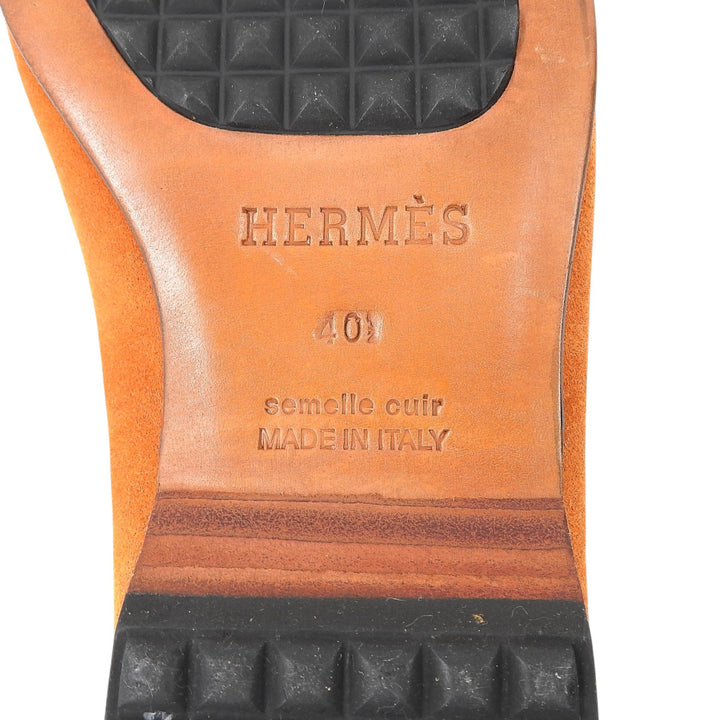 美品▲HERMES エルメス スウェードレザー Hロゴステッチ ヴァンプ ローファー オレンジ 40 イタリア製 メンズ