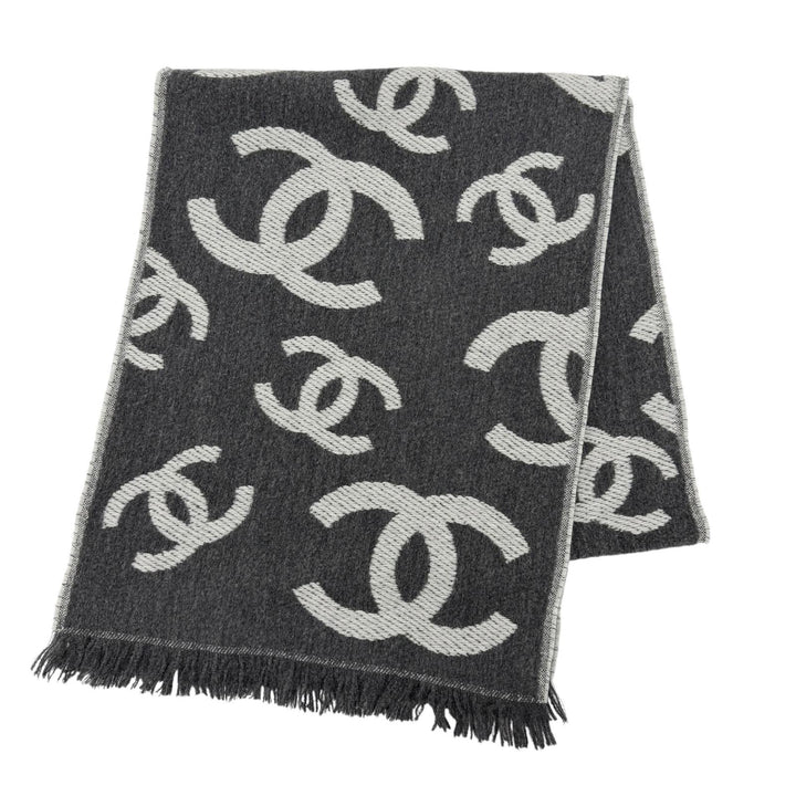 未使用品◇CHANEL シャネル ウール カシミヤ混 ココマーク フリンジ付き マフラー ショール ストール グレー イタリア製 レディース