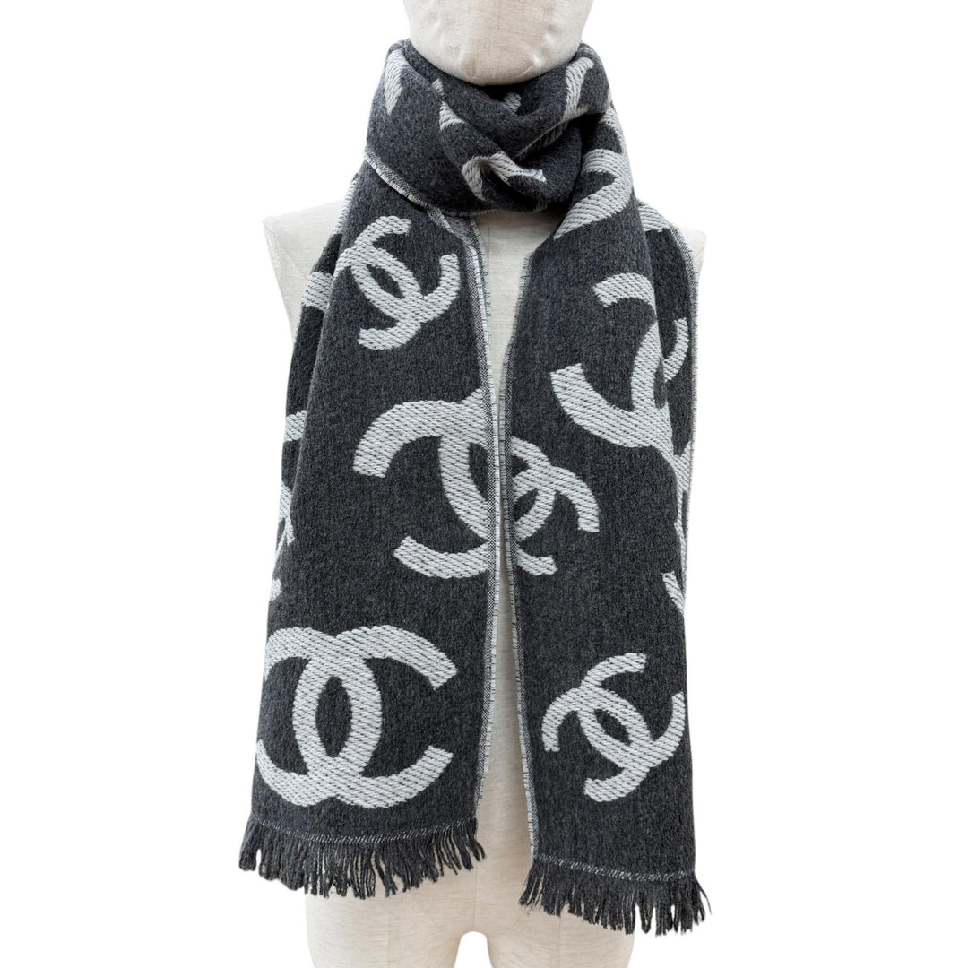 未使用品◇CHANEL シャネル ウール カシミヤ混 ココマーク フリンジ付き マフラー ショール ストール グレー イタリア製 レディース