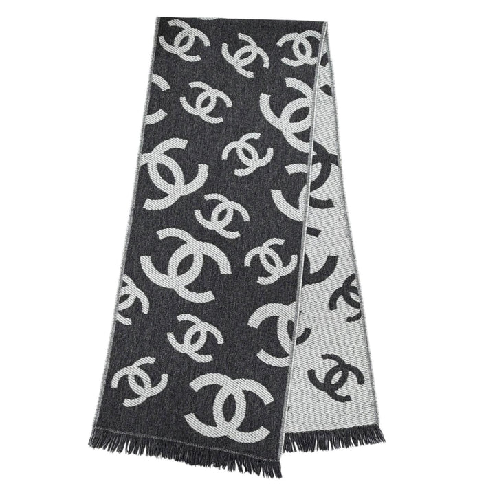 未使用品◇CHANEL シャネル ウール カシミヤ混 ココマーク フリンジ付き マフラー ショール ストール グレー イタリア製 レディース