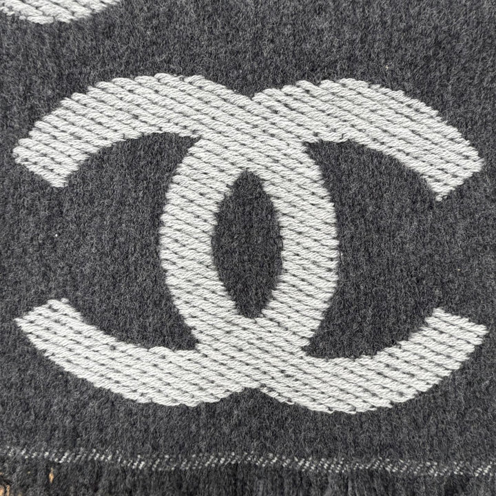 未使用品◇CHANEL シャネル ウール カシミヤ混 ココマーク フリンジ付き マフラー ショール ストール グレー イタリア製 レディース