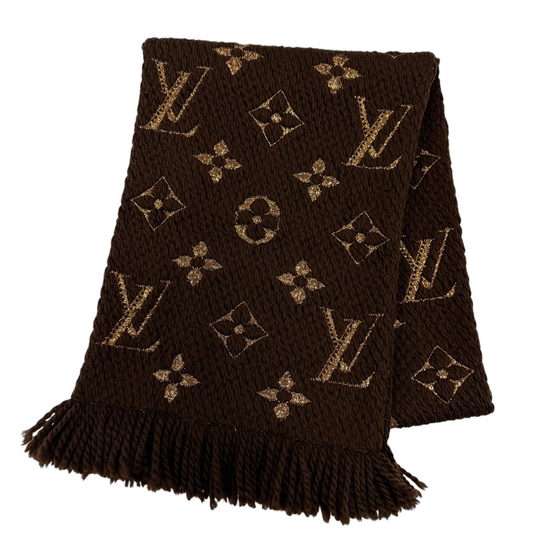 美品☆LOUIS VUITTON ルイヴィトン M71383 エシャルプ ロゴマニア シャイン ウール シルク マロン フリンジ付 マフラー 伊製 正規品