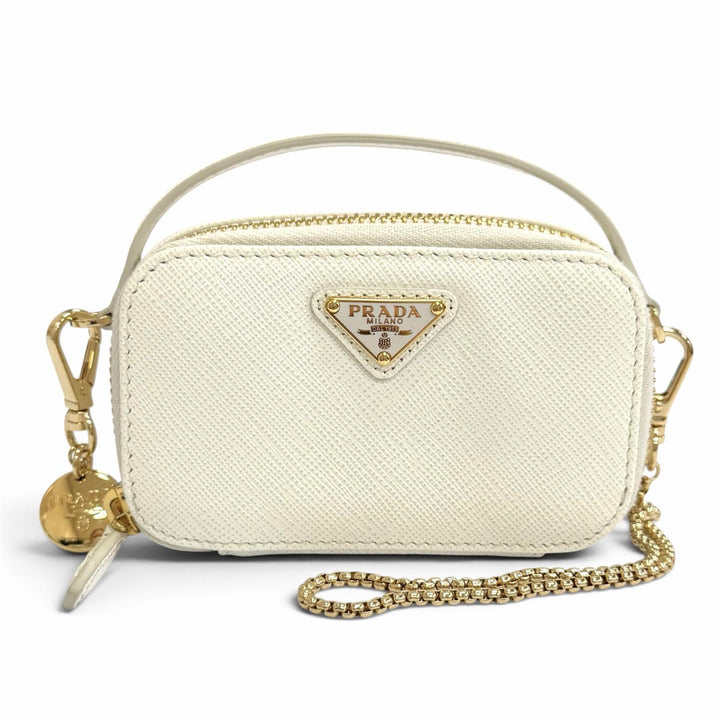 極美品△PRADA プラダ 1NR025 トライアングルロゴ サフィアーノレザー チェーンショルダー ミニ ポーチ ホワイト ゴールド金具 伊製 箱付