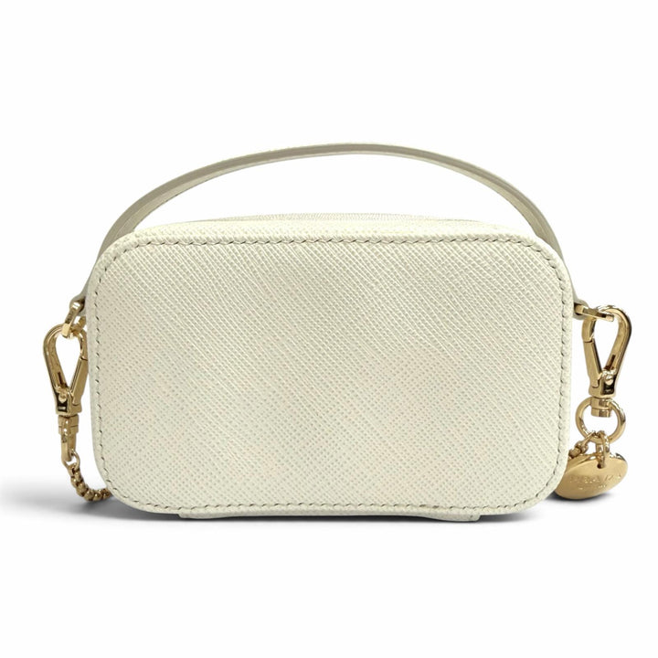 極美品△PRADA プラダ 1NR025 トライアングルロゴ サフィアーノレザー チェーンショルダー ミニ ポーチ ホワイト ゴールド金具 伊製 箱付