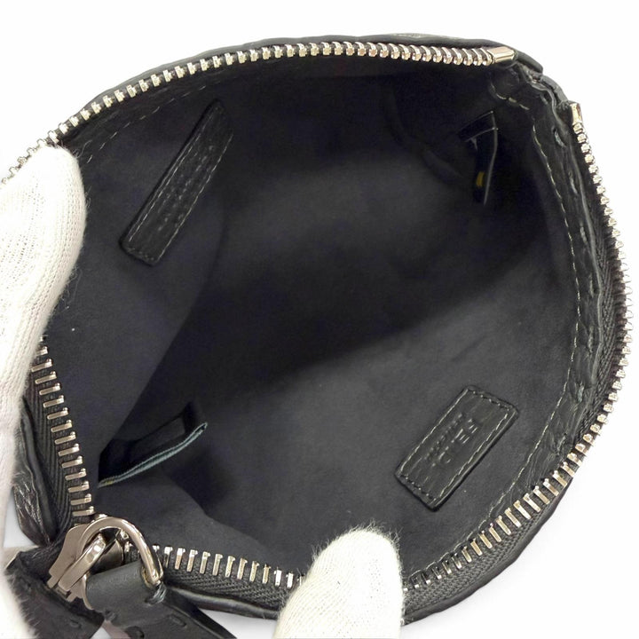 極美品△FENDI フェンディ 8N0114 SELLERIA セレリア ロゴ レザー ポーチ 化粧ポーチ ダークグレー シルバー金具 伊製 箱・保存袋付き
