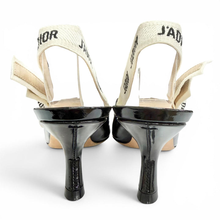 美品△Christian Dior クリスチャンディオール JADIOR スリングバック パンプス パテントレザー ポインテッドトゥ ブラック 35.5 袋付き