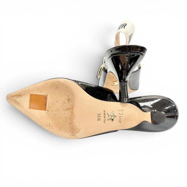 美品△Christian Dior クリスチャンディオール JADIOR スリングバック パンプス パテントレザー ポインテッドトゥ ブラック 35.5 袋付き