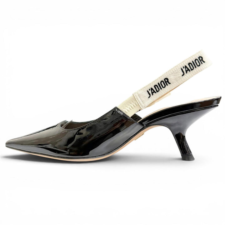美品△Christian Dior クリスチャンディオール JADIOR スリングバック パンプス パテントレザー ポインテッドトゥ ブラック 35.5 袋付き