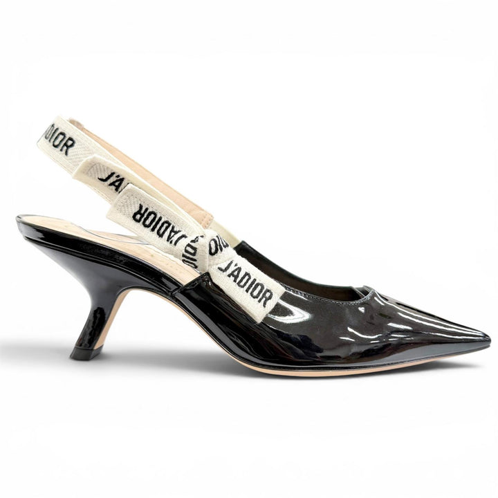 美品△Christian Dior クリスチャンディオール JADIOR スリングバック パンプス パテントレザー ポインテッドトゥ ブラック 35.5 袋付き