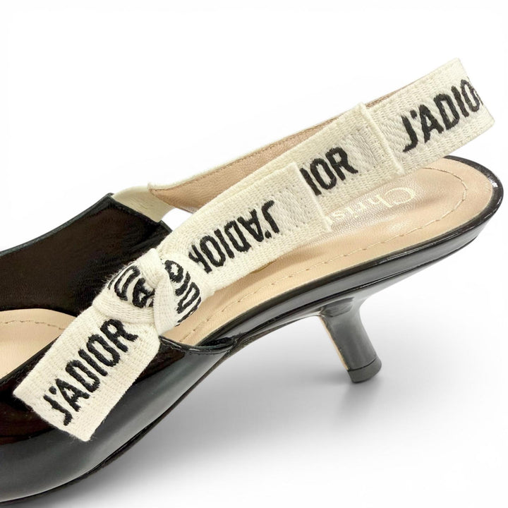 美品△Christian Dior クリスチャンディオール JADIOR スリングバック パンプス パテントレザー ポインテッドトゥ ブラック 35.5 袋付き