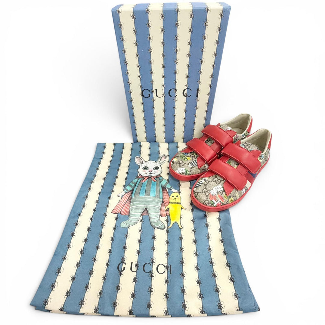 未使用品△GUCCI YUKO HIGUCHI グッチ ヒグチユウコ 463091 GGスプリームキャンバス レザー ベルクロ ローカットスニーカー レッド 34