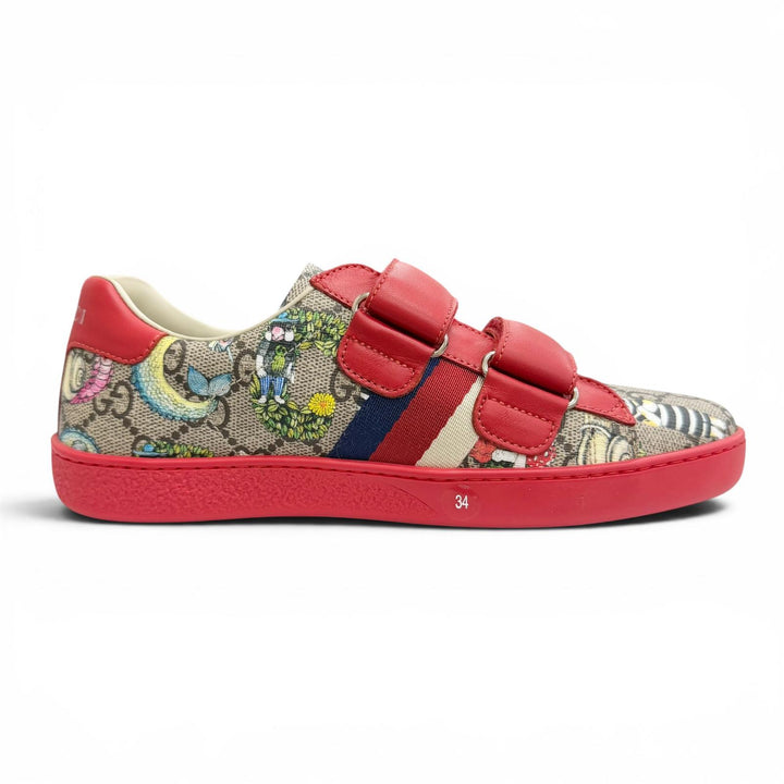 未使用品△GUCCI YUKO HIGUCHI グッチ ヒグチユウコ 463091 GGスプリームキャンバス レザー ベルクロ ローカットスニーカー レッド 34