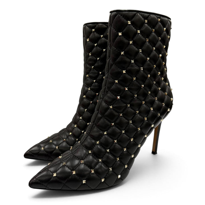 美品☆Valentino Garavani ヴァレンティノガラヴァーニ ロックスタッズ キルティング レザー ショートブーツ ブラック 38 箱・保存袋付