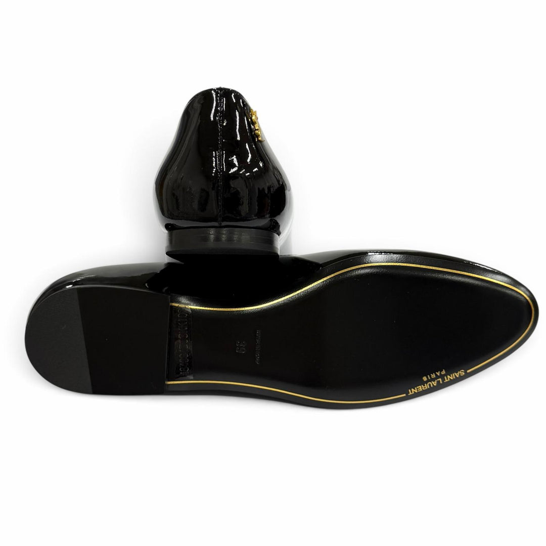 極美品★SAINT LAURENT PARIS サンローランパリ 484804 YSLロゴ パテントレザー ローファー ブラック ゴールド金具 39 箱・保存袋付き