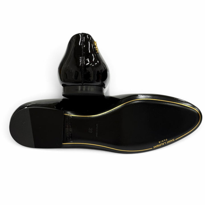 極美品★SAINT LAURENT PARIS サンローランパリ 484804 YSLロゴ パテントレザー ローファー ブラック ゴールド金具 39 箱・保存袋付き
