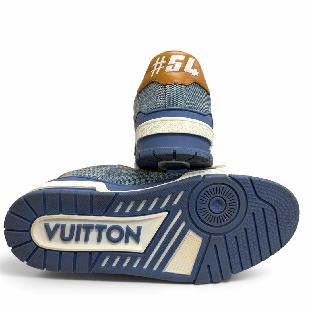 美品□LOUIS VUITTON ルイヴィトン 2024年製 LVトレイナーライン レザー ダミエ デニム スニーカー インディゴブルー 6.5 イタリア製
