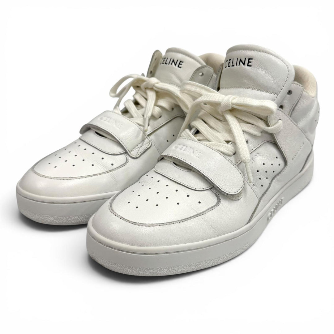 美品★CELINE セリーヌ CT-02 ロゴデザイン ベルクロストラップ レースアップ レザー スニーカー ホワイト 37 イタリア製 保存袋付