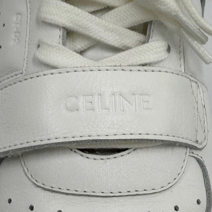 美品★CELINE セリーヌ CT-02 ロゴデザイン ベルクロストラップ レースアップ レザー スニーカー ホワイト 37 イタリア製 保存袋付