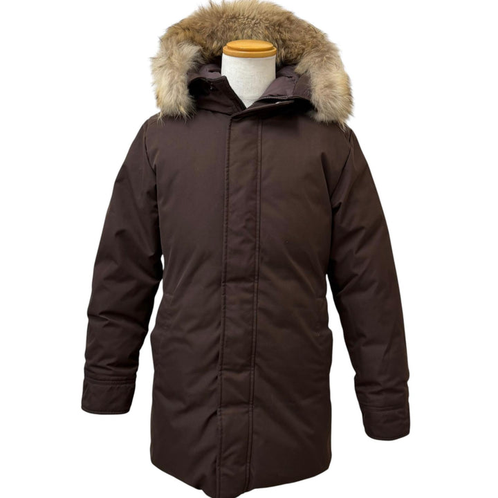 美品□Pyrenex ピレネックス ANNECY FUR アヌシー ファーフーデッド ロゴワッペン ダウンジャケット コート ブラウン M 正規品 メンズ