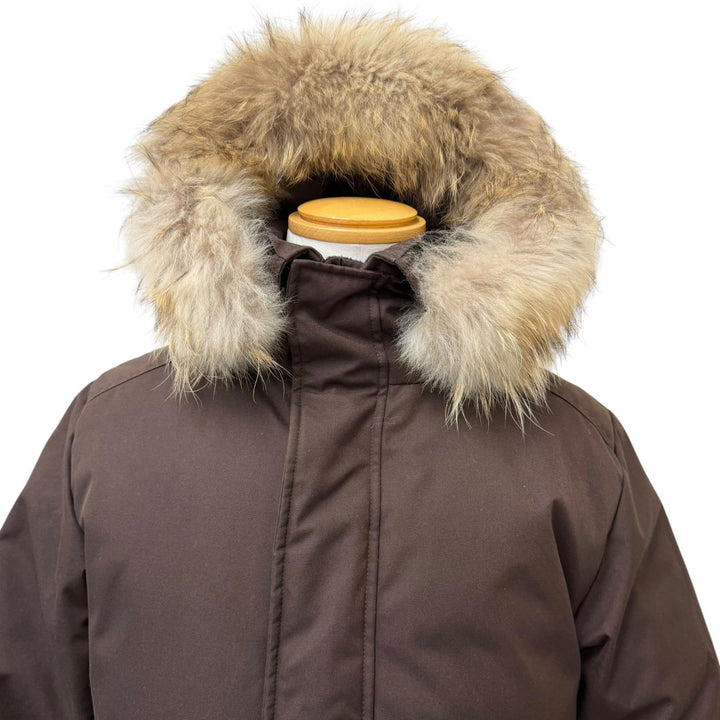 美品□Pyrenex ピレネックス ANNECY FUR アヌシー ファーフーデッド ロゴワッペン ダウンジャケット コート ブラウン M 正規品 メンズ