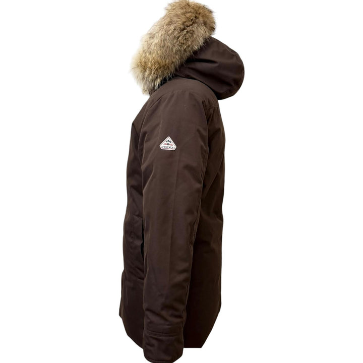 美品□Pyrenex ピレネックス ANNECY FUR アヌシー ファーフーデッド ロゴワッペン ダウンジャケット コート ブラウン M 正規品 メンズ