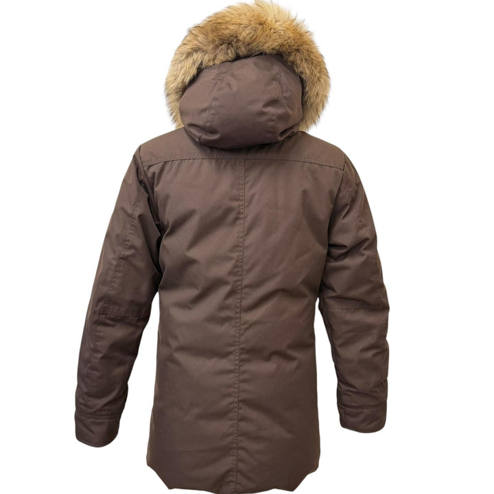 美品□Pyrenex ピレネックス ANNECY FUR アヌシー ファーフーデッド ロゴワッペン ダウンジャケット コート ブラウン M 正規品 メンズ