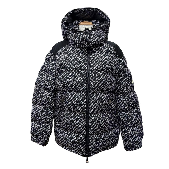極美品△MONCLER モンクレール 22-23AW MAIRE マイール ロゴワッペン 総柄 フード付き ジップアップ ダウンジャケット ブラック 1 正規品