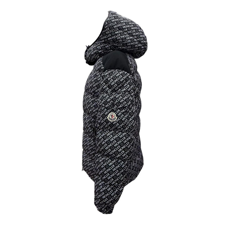 極美品△MONCLER モンクレール 22-23AW MAIRE マイール ロゴワッペン 総柄 フード付き ジップアップ ダウンジャケット ブラック 1 正規品