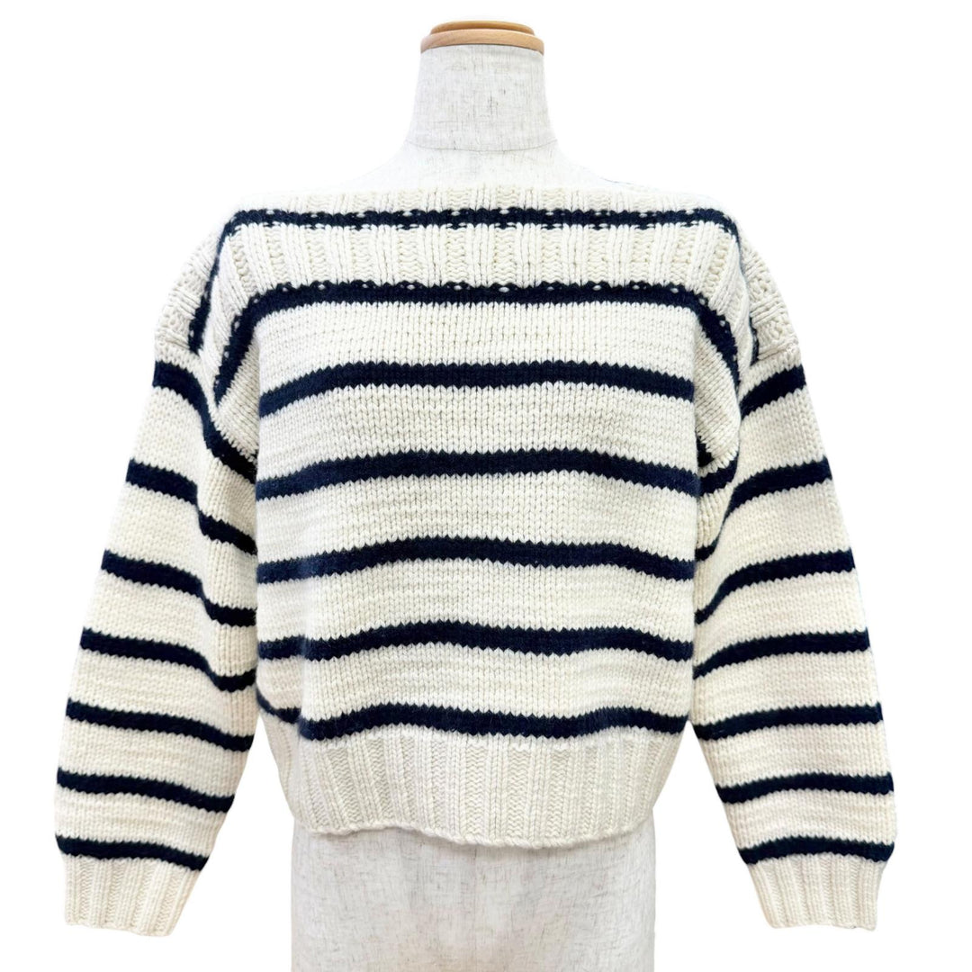 美品△CELINE セリーヌ 2AJ94597V 23SS カシミヤ ウール マリニエール ボーダー ボートネック クロップド ニット アイボリー S 正規品