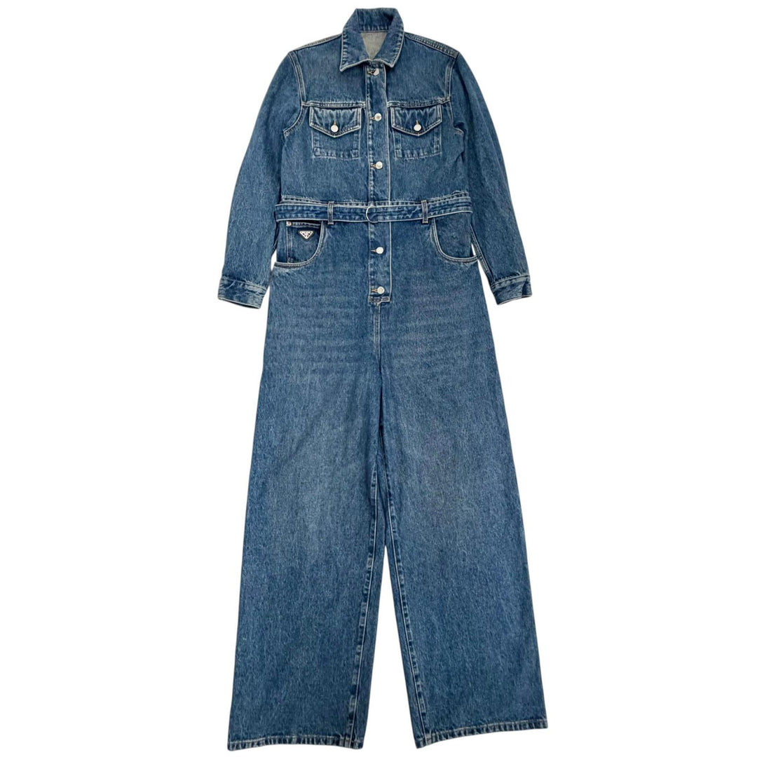 極美品△PRADA プラダ 25SS GFZ017 トライアングルロゴプレート ベルト付き デニム ジャンプスーツ オールインワン ツナギ 36 正規品