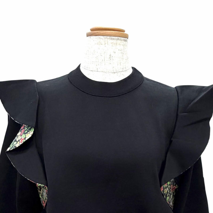 未使用△LOUIS VUITTON ルイヴィトン フラワープリント ラッフルスウェットシャツドレス 長袖 ワンピース ブラック XS イタリア製 正規品