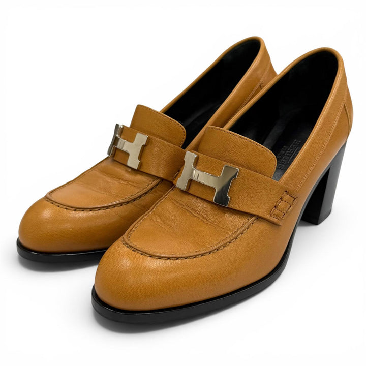 極美品★HERMES エルメス 212091Z ドーフィン70 コンスタンス H金具 チャンキーヒール レザー パンプス ライトブラウン 35.5 保存袋付き