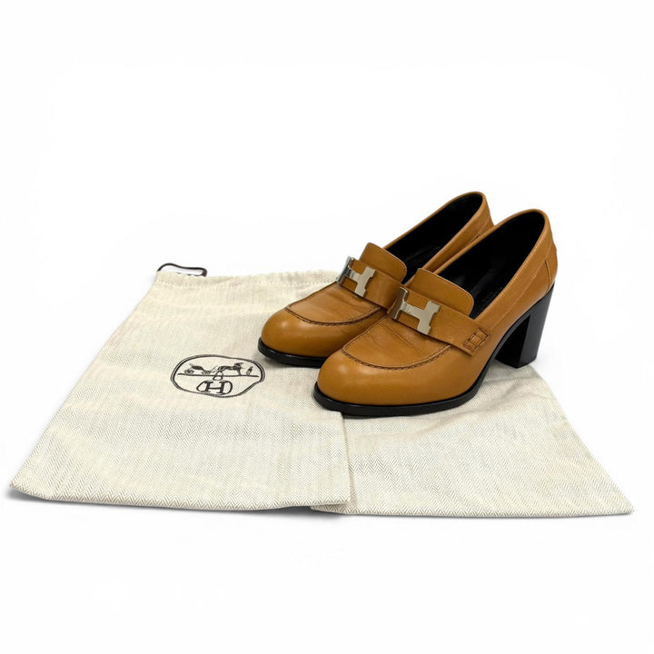 極美品★HERMES エルメス 212091Z ドーフィン70 コンスタンス H金具 チャンキーヒール レザー パンプス ライトブラウン 35.5 保存袋付き