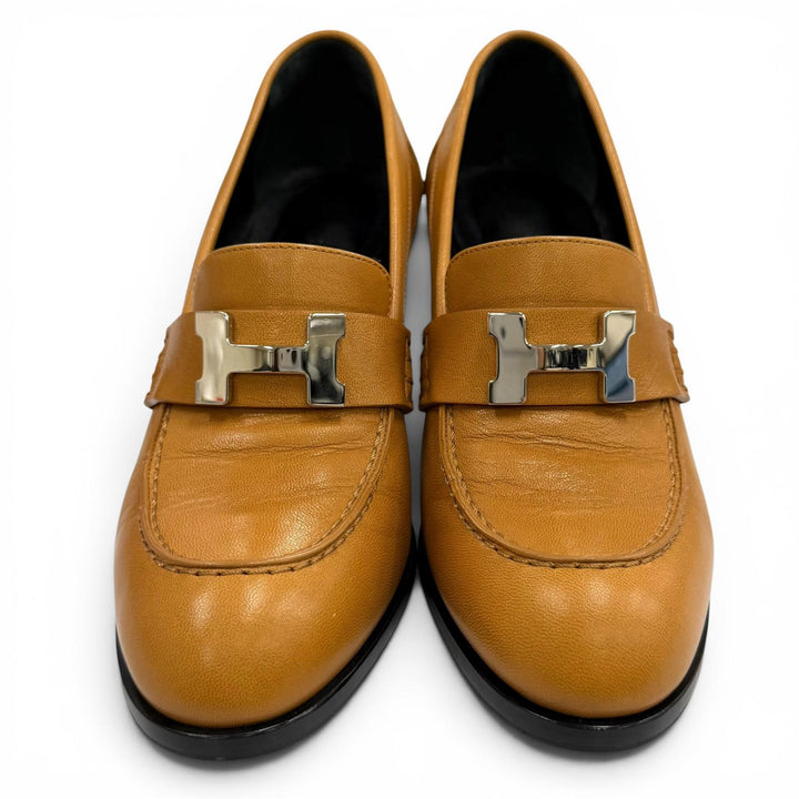 極美品★HERMES エルメス 212091Z ドーフィン70 コンスタンス H金具 チャンキーヒール レザー パンプス ライトブラウン 35.5 保存袋付き