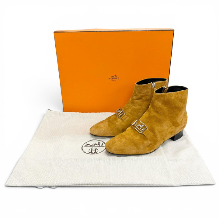 美品△HERMES エルメス 192160Z スウェードレザー 馬車ロゴ金具 サイドジップ ショートブーツ アンクルブーツ キャメルブラウン系 38
