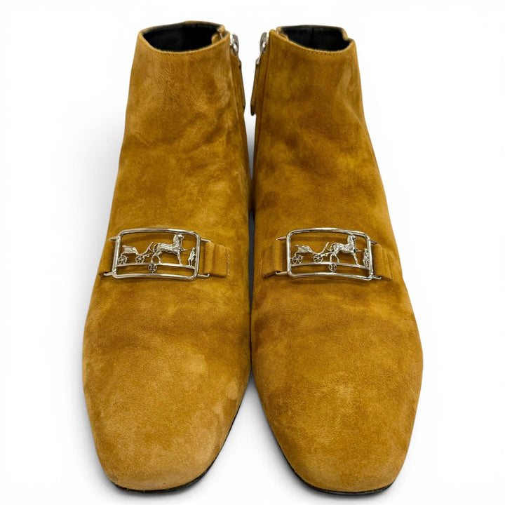 美品△HERMES エルメス 192160Z スウェードレザー 馬車ロゴ金具 サイドジップ ショートブーツ アンクルブーツ キャメルブラウン系 38