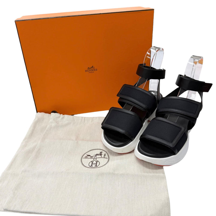 美品□HERMES エルメス RG231219Z ギーク レザー メッシュ アンクルストラップサンダル ブラック 37 イタリア製 レディース 保存袋付き