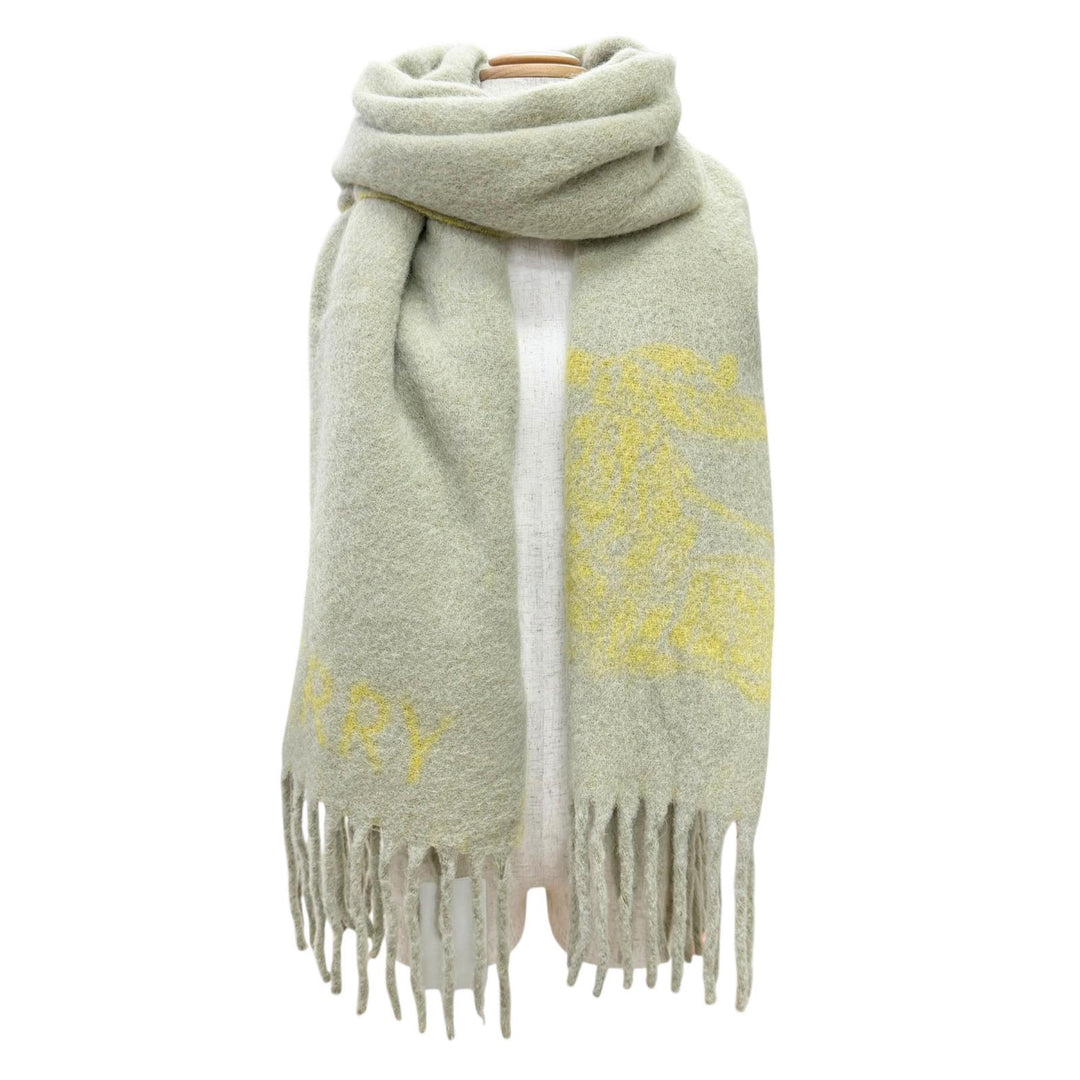 未使用品△BURBERRY バーバリー 8076563 アルパカ モヘア ロゴ フリンジ 大判 マフラー ショール ベージュ イエロー 210×50cm 正規品
