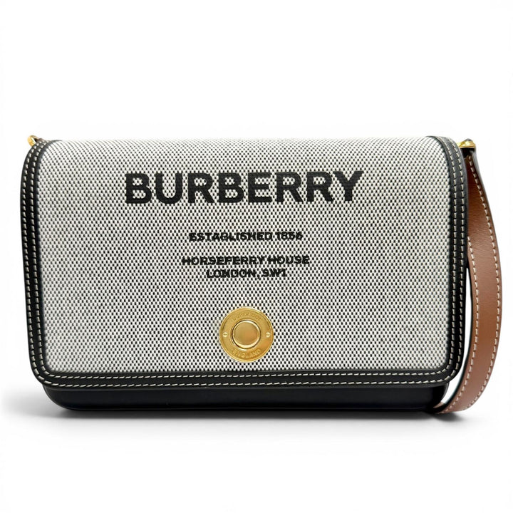 未使用品△BURBERRY バーバリー 8053311 LS NEW HAMPSHIRE ホースフェリー ロゴ スクエア ショルダーバッグ ブラック タン ゴールド金具