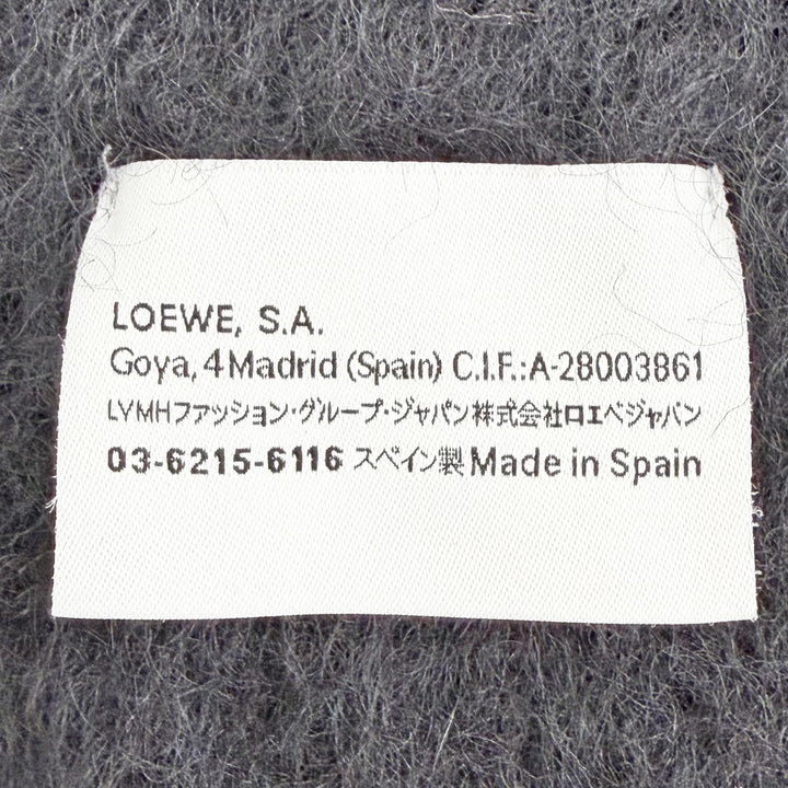 極美品△LOEWE ロエベ モヘア ウール アナグラムロゴレザーパッチ フリンジ ロング マフラー ブラック スペイン製 正規品 レディース