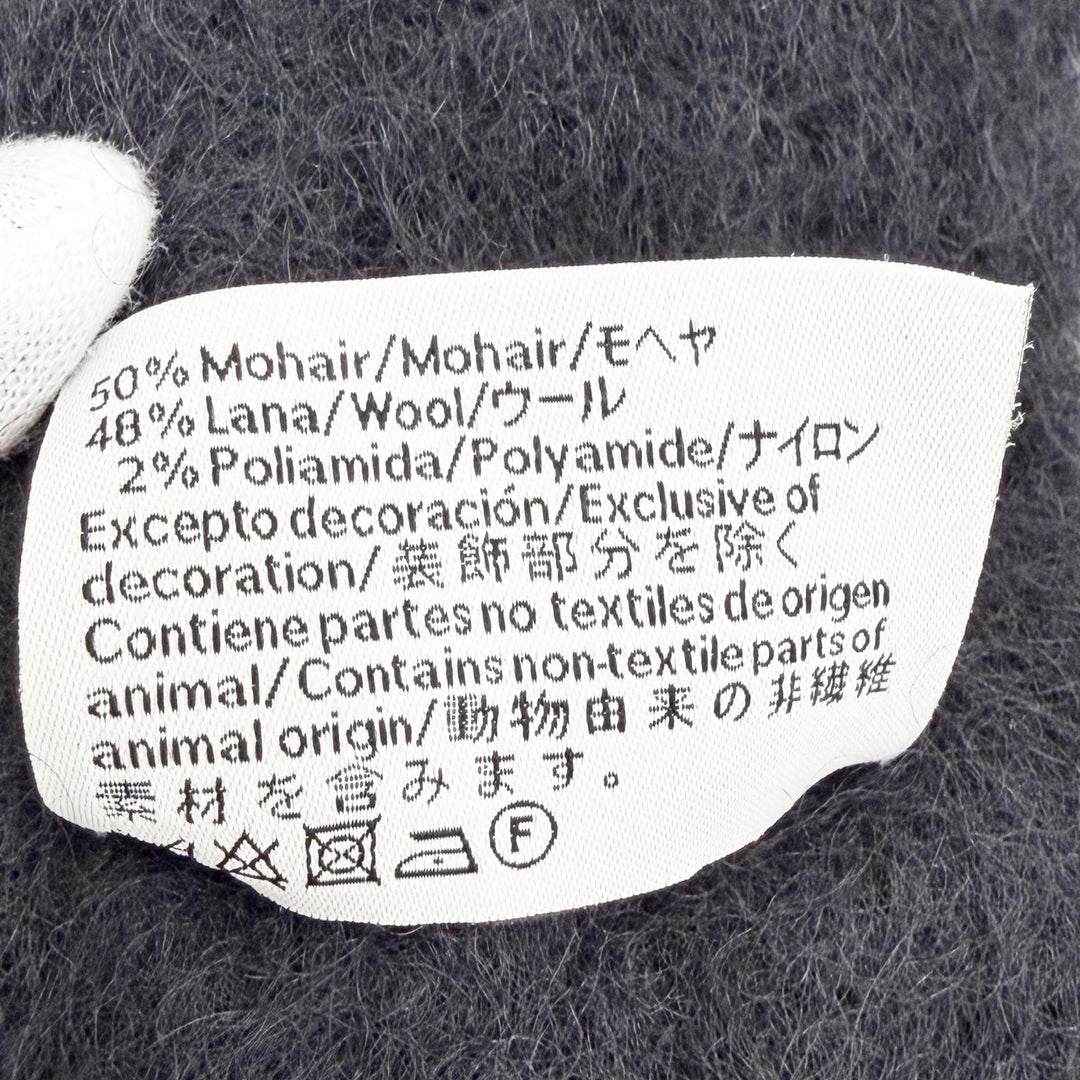 極美品△LOEWE ロエベ モヘア ウール アナグラムロゴレザーパッチ フリンジ ロング マフラー ブラック スペイン製 正規品 レディース