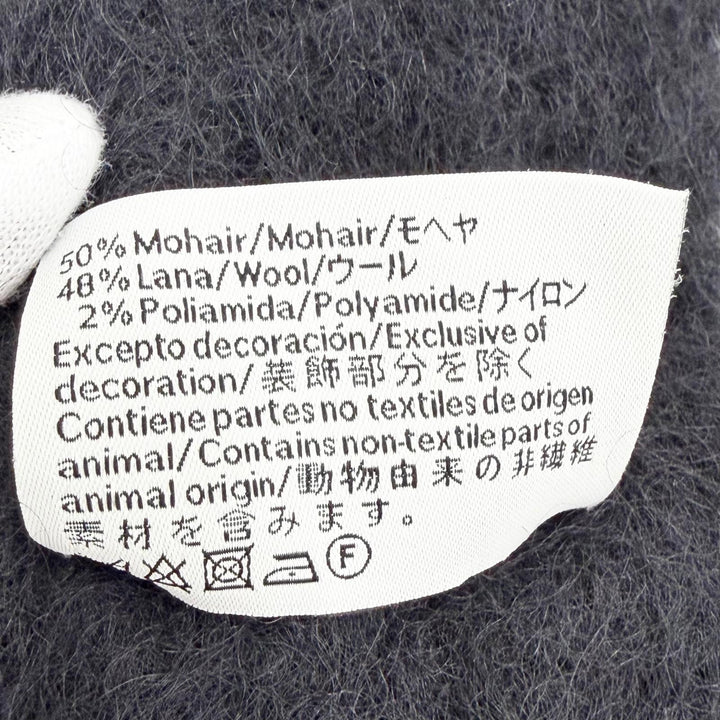 極美品△LOEWE ロエベ モヘア ウール アナグラムロゴレザーパッチ フリンジ ロング マフラー ブラック スペイン製 正規品 レディース