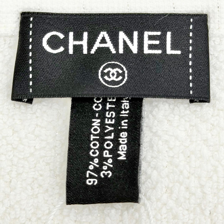 未使用品△CHANEL シャネル 17P コットン ココマーク フリンジ ラメ糸入り 大判 ビーチタオル バスタオル ホワイト ブルー イタリア製