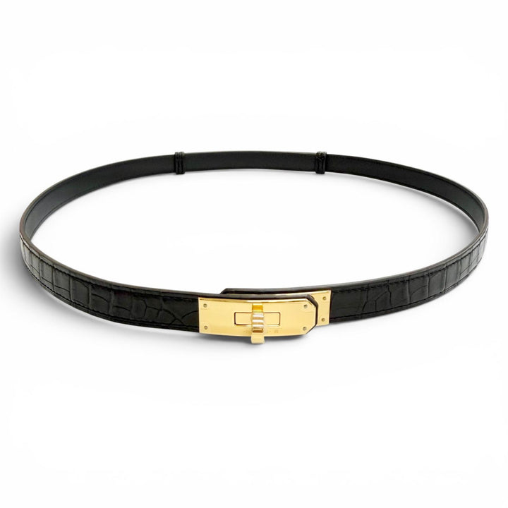 未使用品△HERMES エルメス ケリー ベルト 18 アリゲーターマット ゴールド金具 ブラック W刻印 フランス製 レディース 箱・保存袋付き