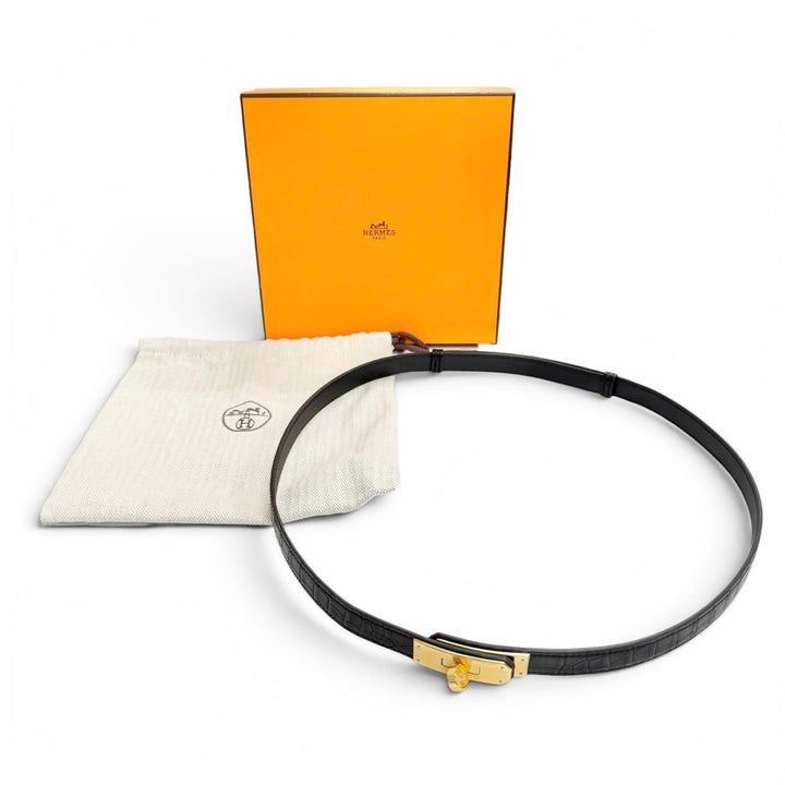 未使用品△HERMES エルメス ケリー ベルト 18 アリゲーターマット ゴールド金具 ブラック W刻印 フランス製 レディース 箱・保存袋付き