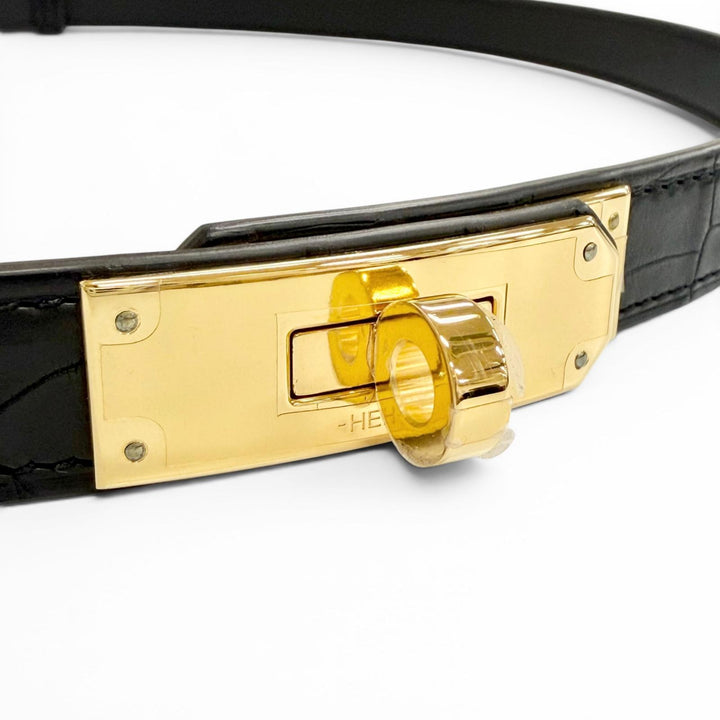 未使用品△HERMES エルメス ケリー ベルト 18 アリゲーターマット ゴールド金具 ブラック W刻印 フランス製 レディース 箱・保存袋付き