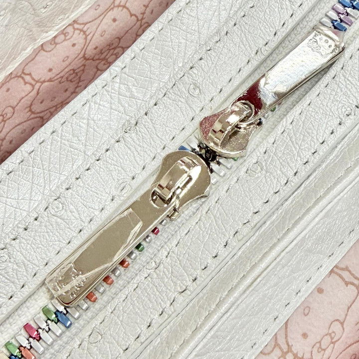 未使用品△武知 タケチ ハローキティ コラボ オーストリッチ リボン ドット フェイスバッグ ハンドバッグ パールホワイト 定価198000円